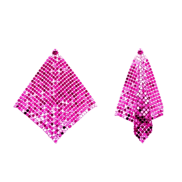 Fuchsia Mesh Chain Dangle Earrings Drop Metal Cute Beautiful Statement Accessory - Picture 5 of 8